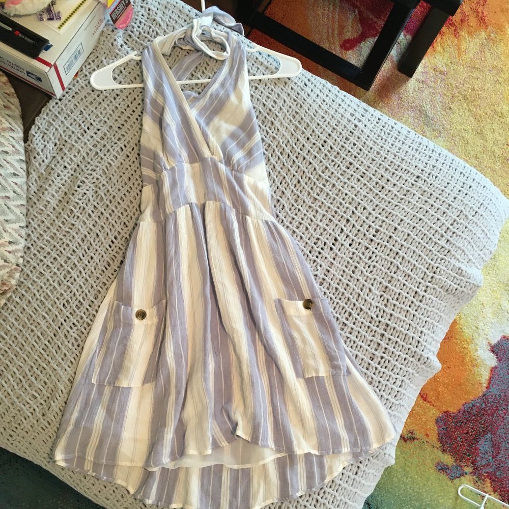 American Eagle Blue and White Striped Halter Dress
